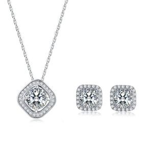 Sterling Silver Moissanite Square Halo Stud Earrings & Pendant